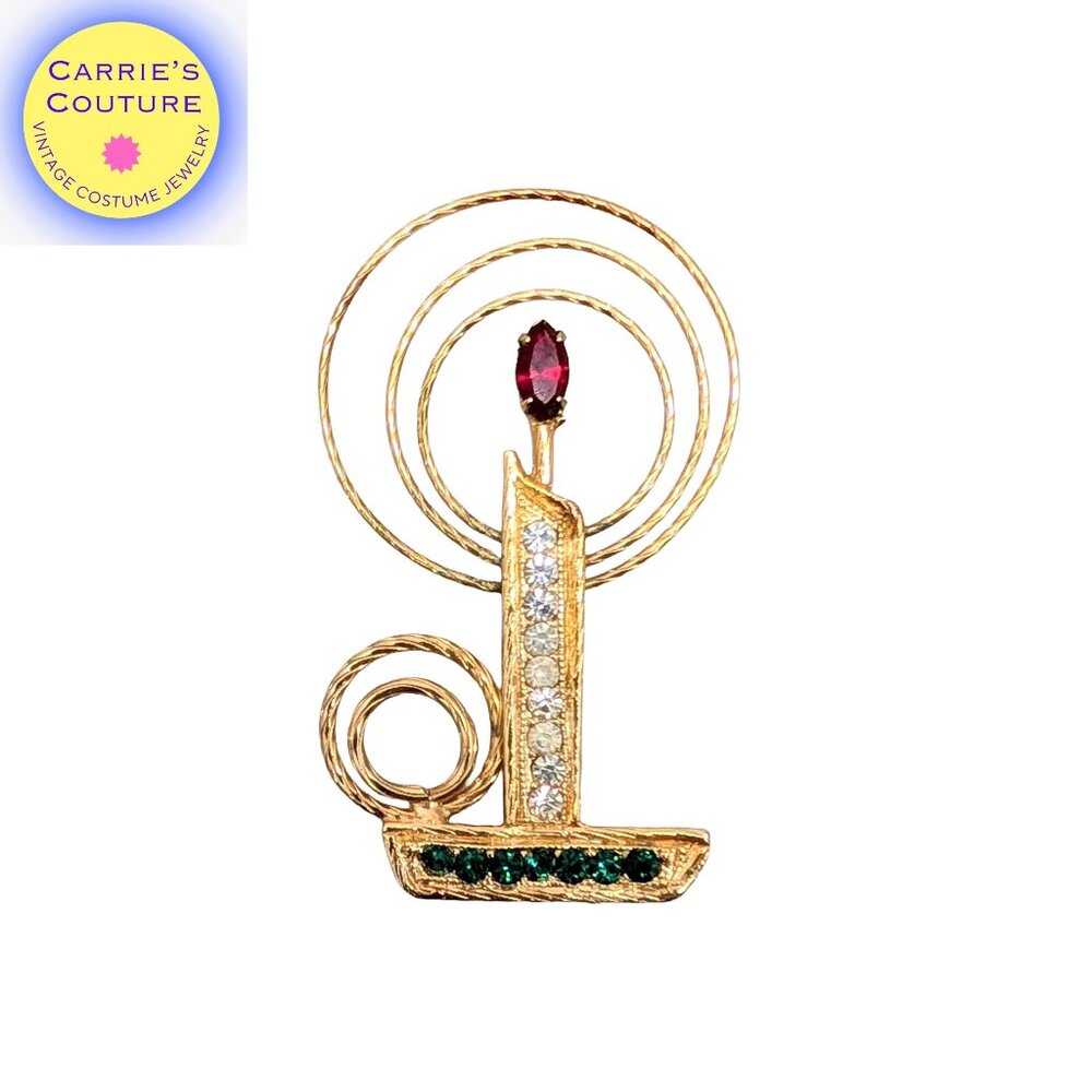 Vintage 1960s Signed Napier Goldtone Rhinestone Candle Brooch